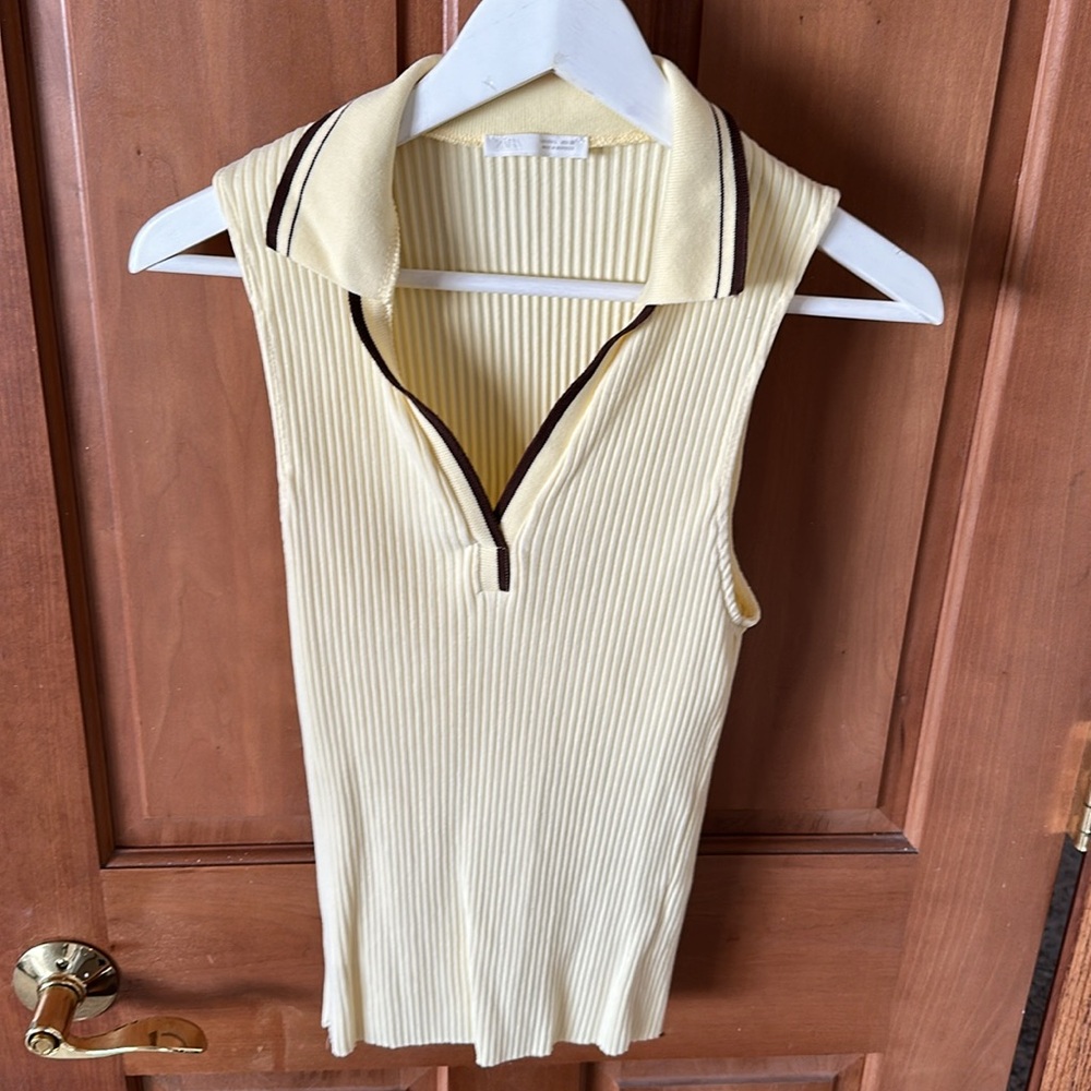 Zara Cream Ribbed Collared Tank Top - Picture 3 of 3